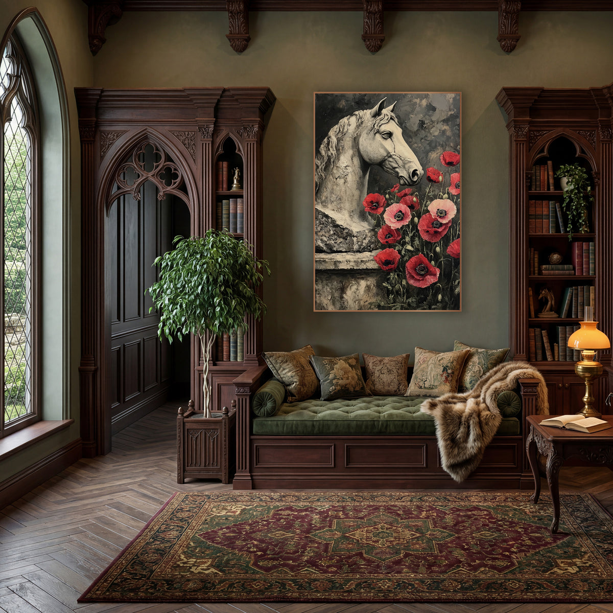 Stone Horse Head Red Poppies Dark Academia wall art in a moody dark academia room – pale stone horse head in profile