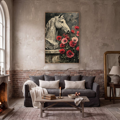 Stone Horse Head Red Poppies Dark Academia wall art in a moody dark academia room – pale stone horse head in profile