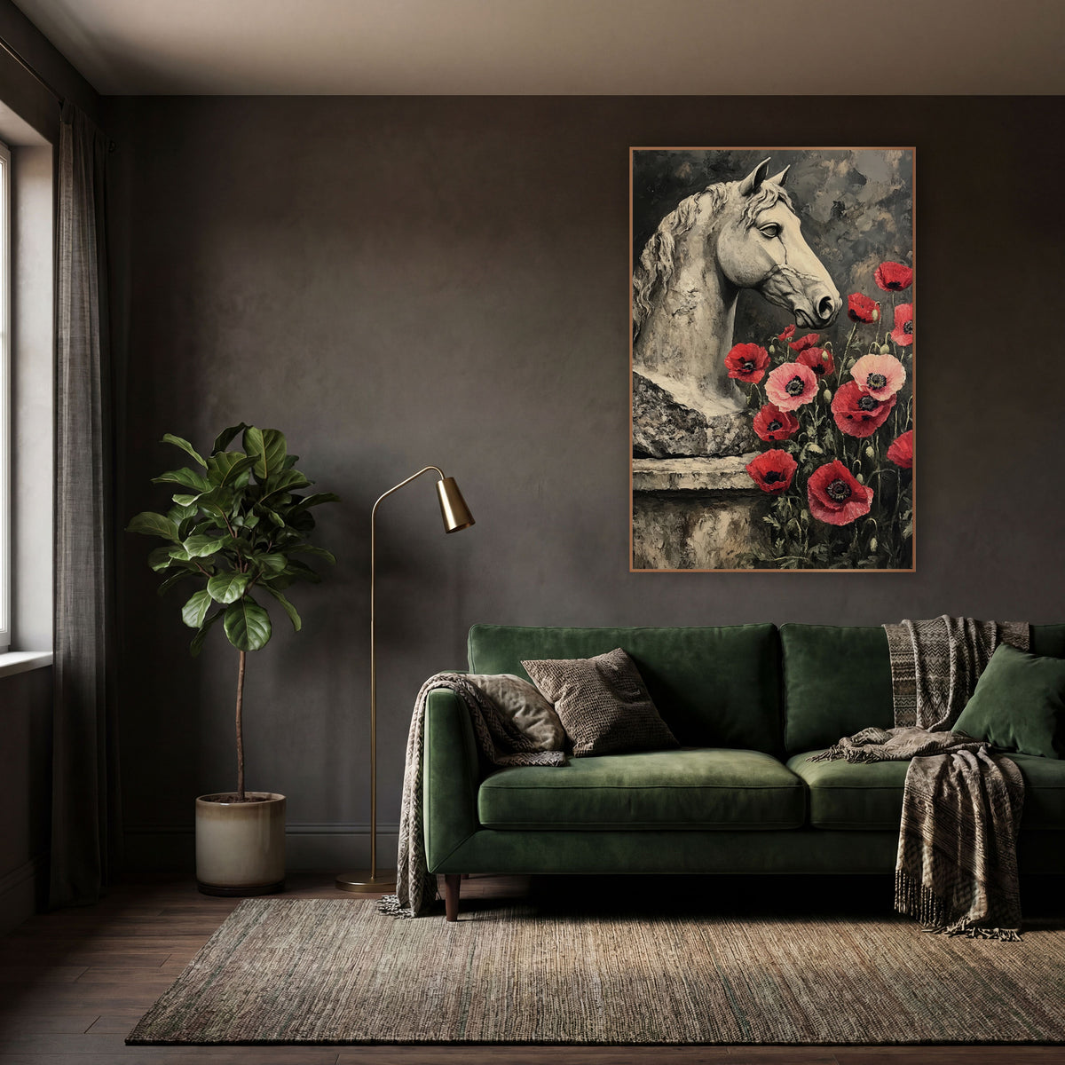 Stone Horse Head Red Poppies Dark Academia wall art in a moody dark academia room – pale stone horse head in profile