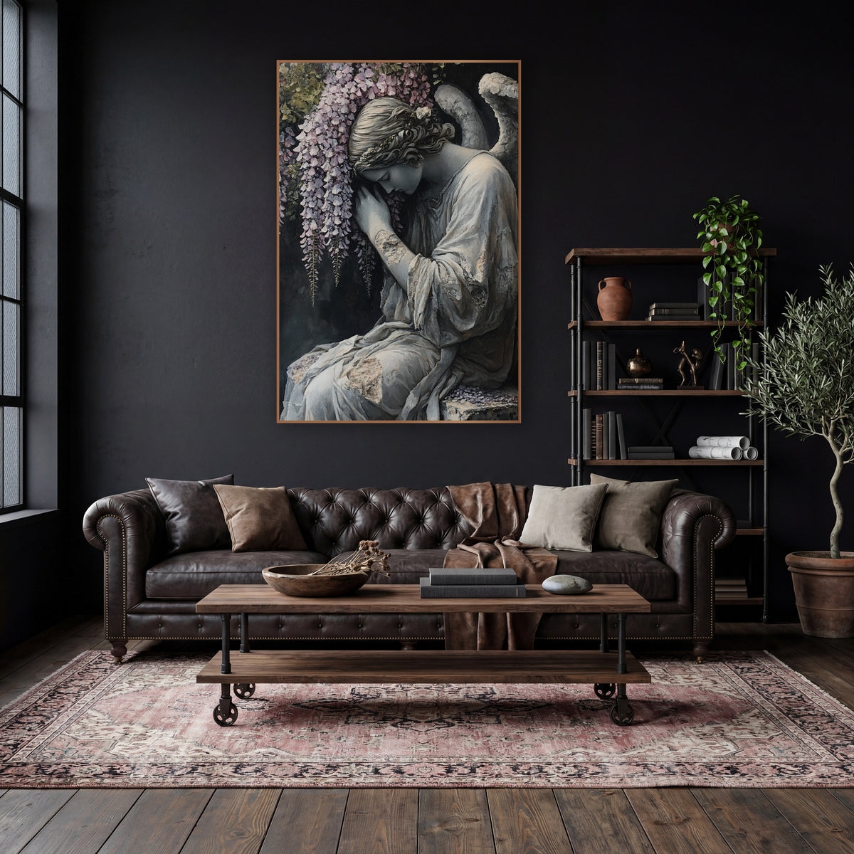 Weeping Angel Wisteria Dark Academia wall art in a moody dark academia room – gray angel statue with bowed head