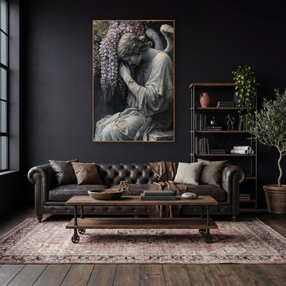 Weeping Angel Wisteria Dark Academia wall art in a moody dark academia room – gray angel statue with bowed head