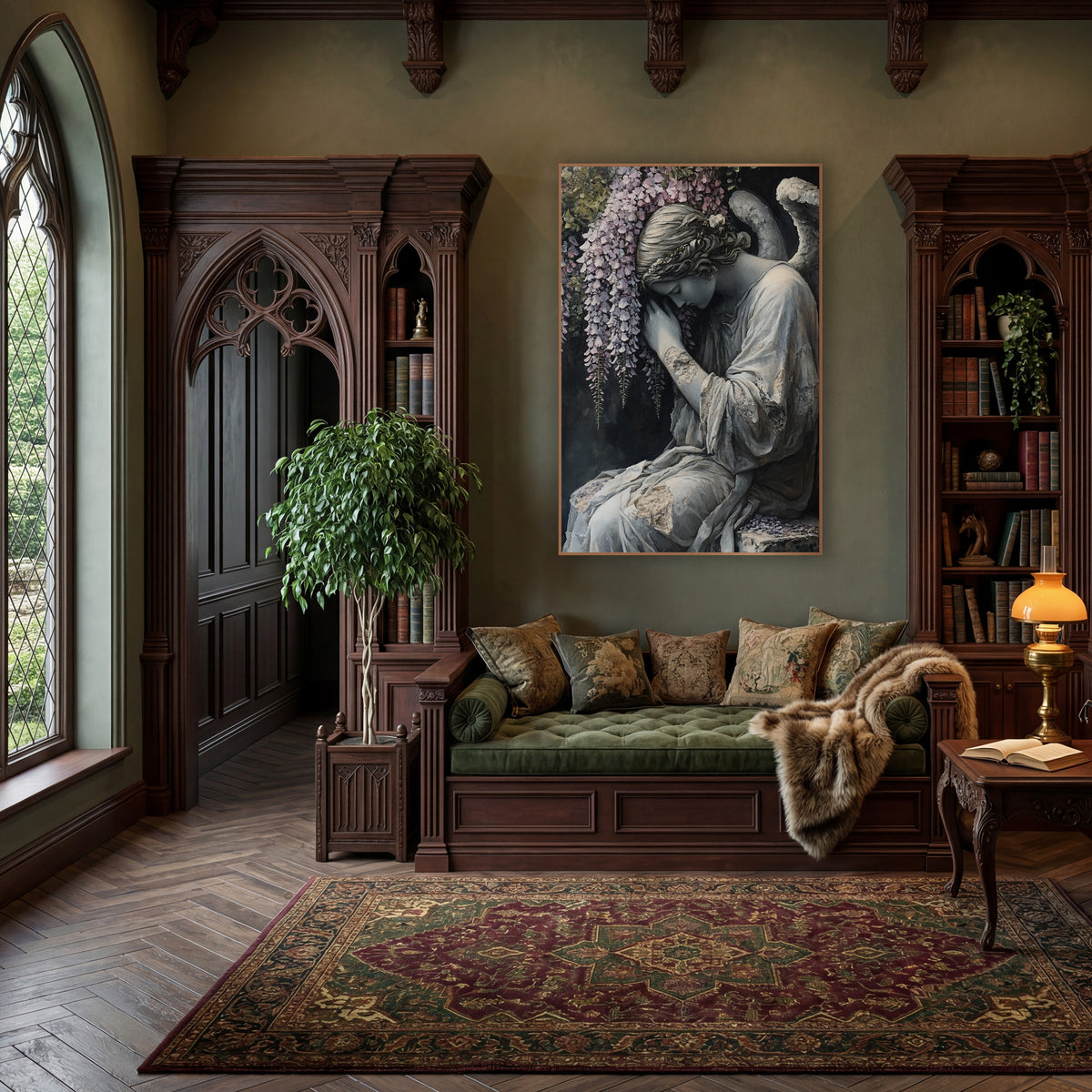 Weeping Angel Wisteria Dark Academia wall art in a moody dark academia room – gray angel statue with bowed head