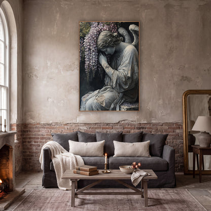 Weeping Angel Wisteria Dark Academia wall art in a moody dark academia room – gray angel statue with bowed head