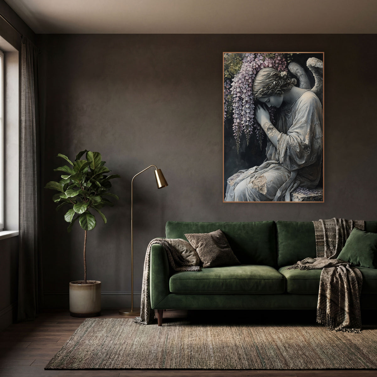 Weeping Angel Wisteria Dark Academia wall art in a moody dark academia room – gray angel statue with bowed head