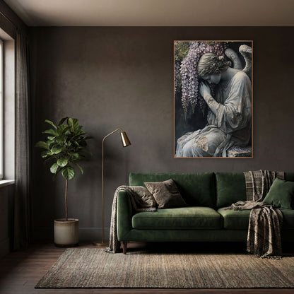 Weeping Angel Wisteria Dark Academia wall art in a moody dark academia room – gray angel statue with bowed head