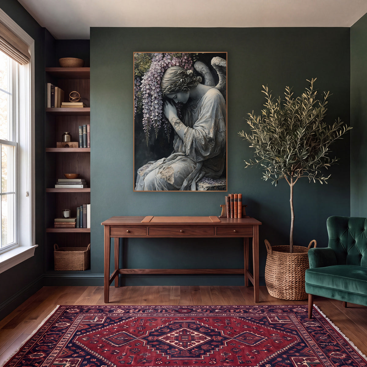 Weeping Angel Wisteria Dark Academia wall art in a moody dark academia room – gray angel statue with bowed head