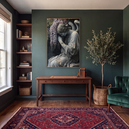 Weeping Angel Wisteria Dark Academia wall art in a moody dark academia room – gray angel statue with bowed head