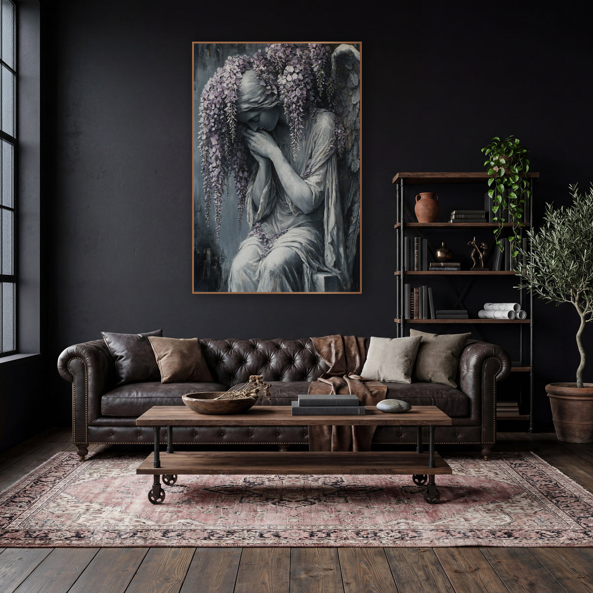 Wisteria Weeping Angel Gothic Gray wall art in a moody dark academia room – gray angel with closed eyes and hands