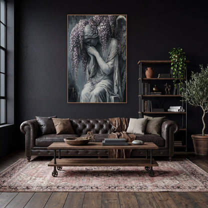 Wisteria Weeping Angel Gothic Gray wall art in a moody dark academia room – gray angel with closed eyes and hands