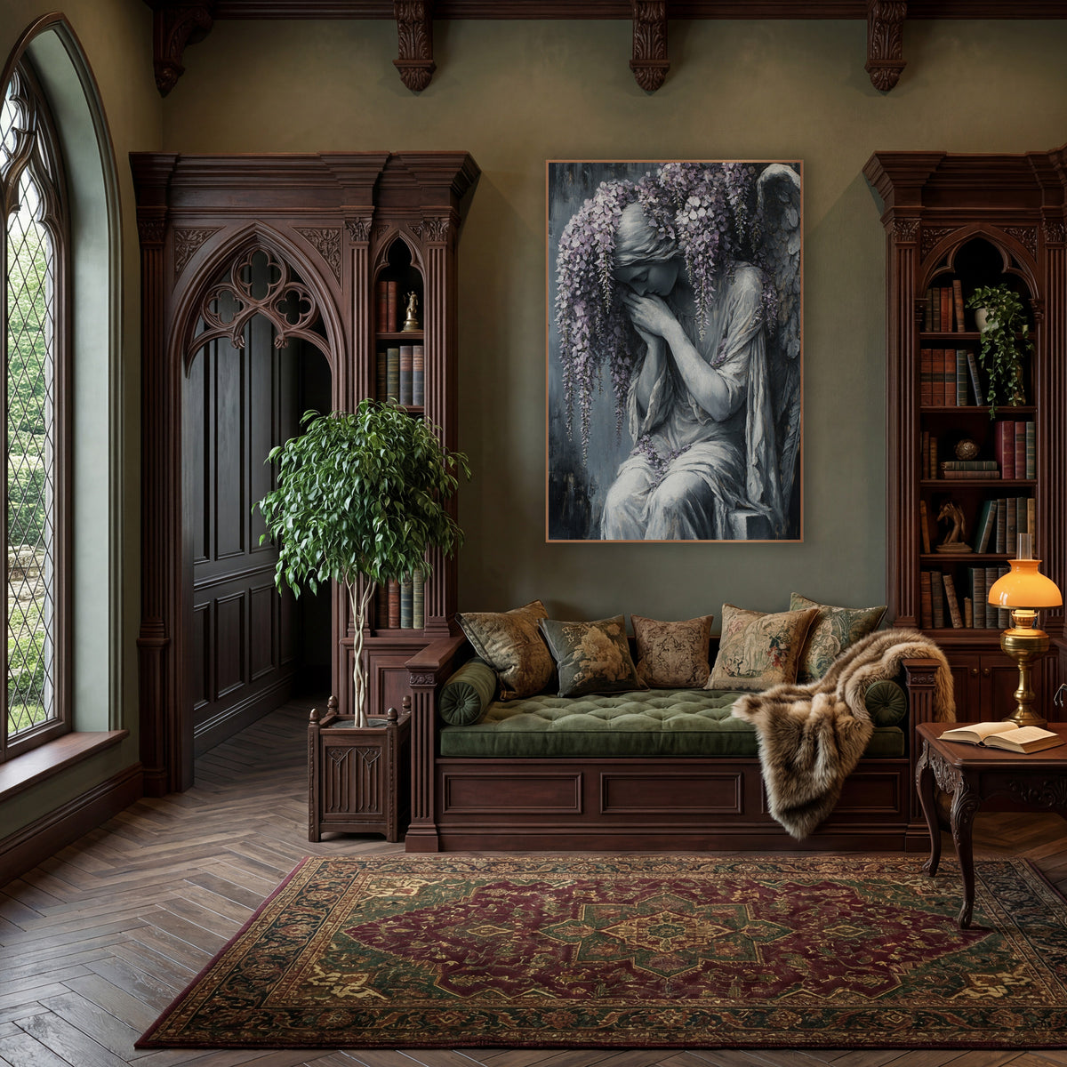 Wisteria Weeping Angel Gothic Gray wall art in a moody dark academia room – gray angel with closed eyes and hands