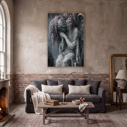Wisteria Weeping Angel Gothic Gray wall art in a moody dark academia room – gray angel with closed eyes and hands