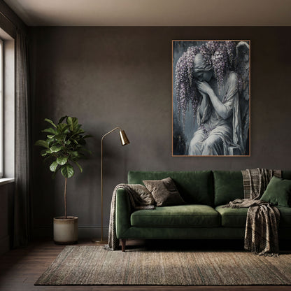 Wisteria Weeping Angel Gothic Gray wall art in a moody dark academia room – gray angel with closed eyes and hands
