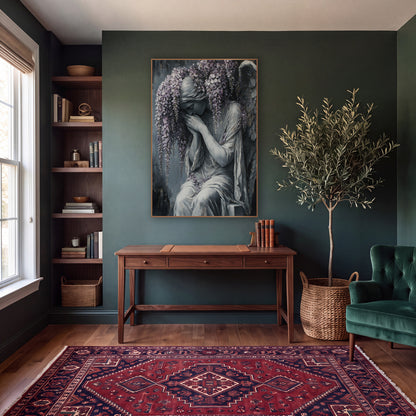 Wisteria Weeping Angel Gothic Gray wall art in a moody dark academia room – gray angel with closed eyes and hands