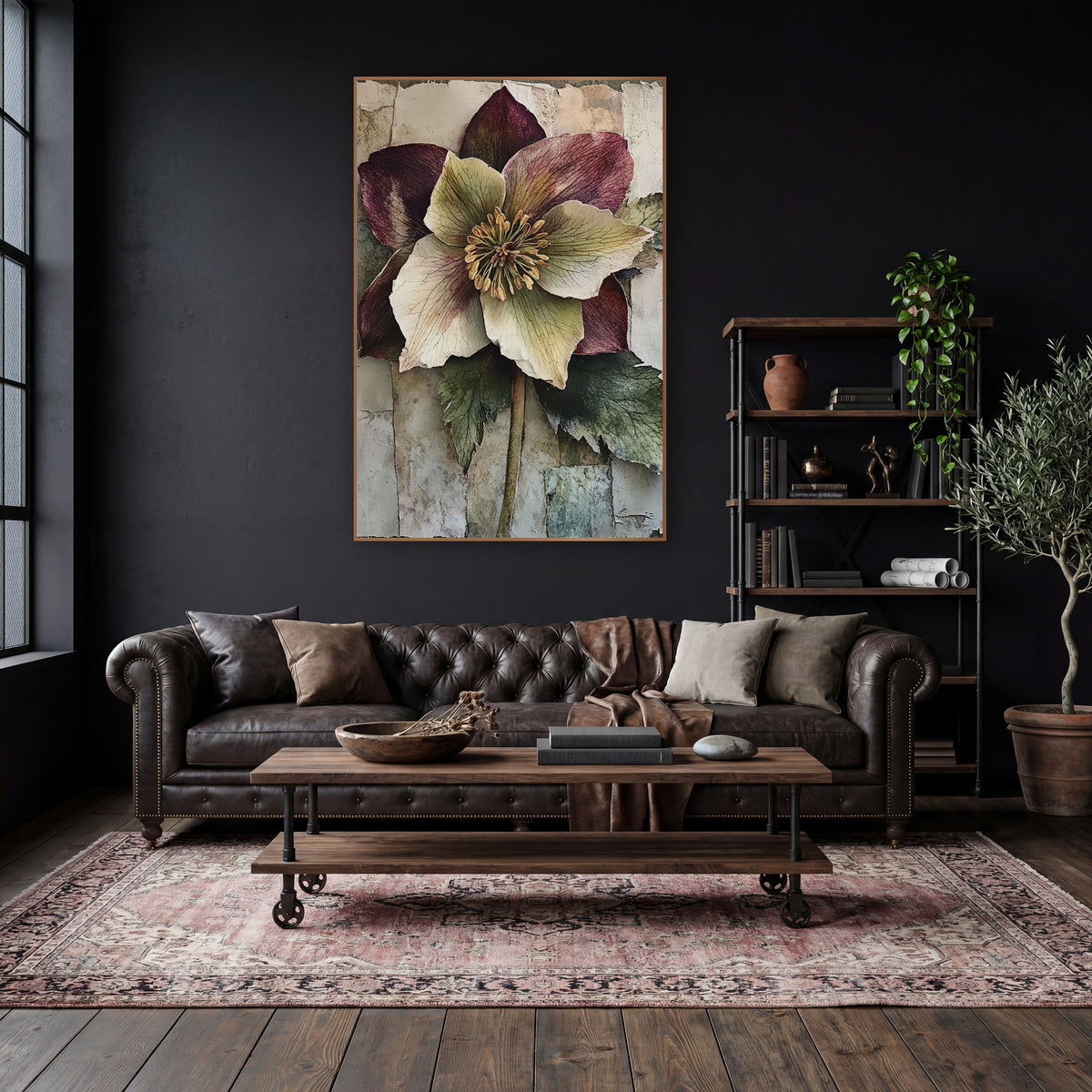 Plum Hellebore Bloom Classic wall art in a moody dark academia room – large plum and cream hellebore flower