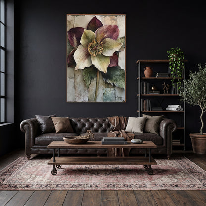 Plum Hellebore Bloom Classic wall art in a moody dark academia room – large plum and cream hellebore flower
