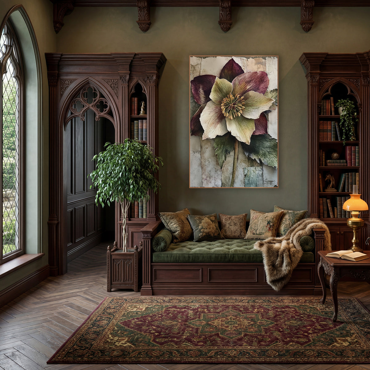 Plum Hellebore Bloom Classic wall art in a moody dark academia room – large plum and cream hellebore flower