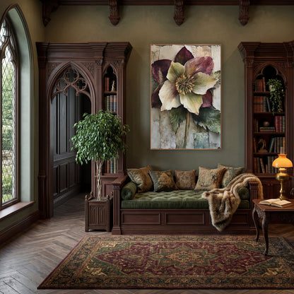 Plum Hellebore Bloom Classic wall art in a moody dark academia room – large plum and cream hellebore flower