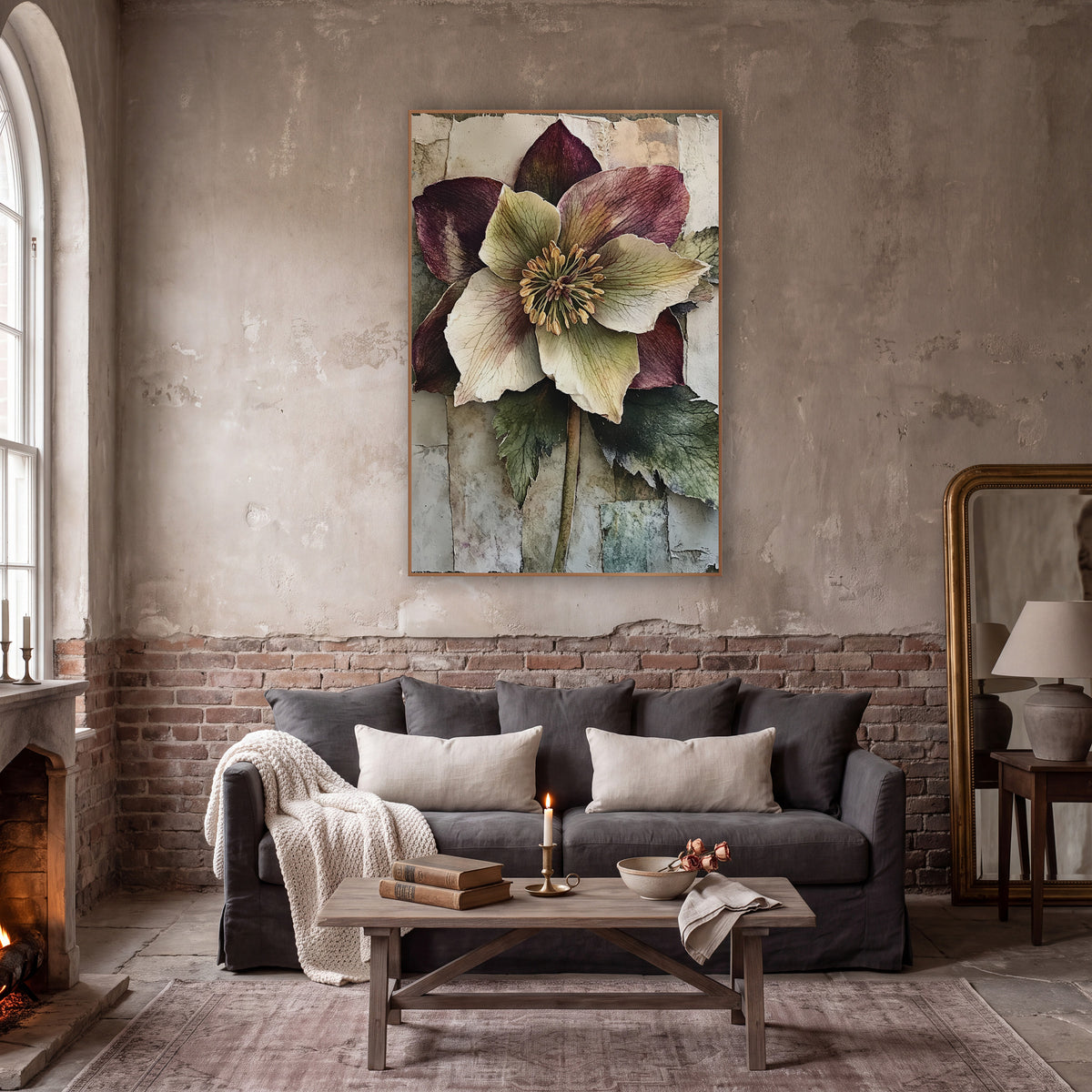 Plum Hellebore Bloom Classic wall art in a moody dark academia room – large plum and cream hellebore flower