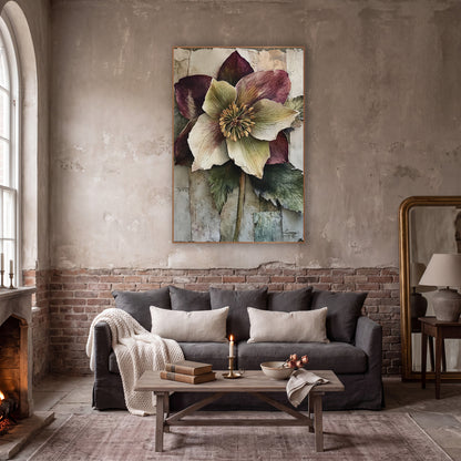 Plum Hellebore Bloom Classic wall art in a moody dark academia room – large plum and cream hellebore flower