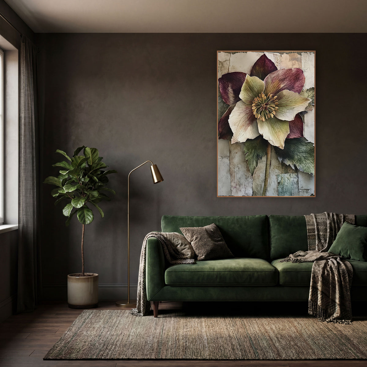 Plum Hellebore Bloom Classic wall art in a moody dark academia room – large plum and cream hellebore flower