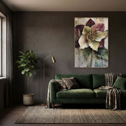 Plum Hellebore Bloom Classic wall art in a moody dark academia room – large plum and cream hellebore flower
