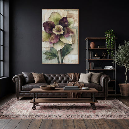 Plum Hellebore Paper Collage Botanical wall art in a moody dark academia room – hellebore flower with plum and olive