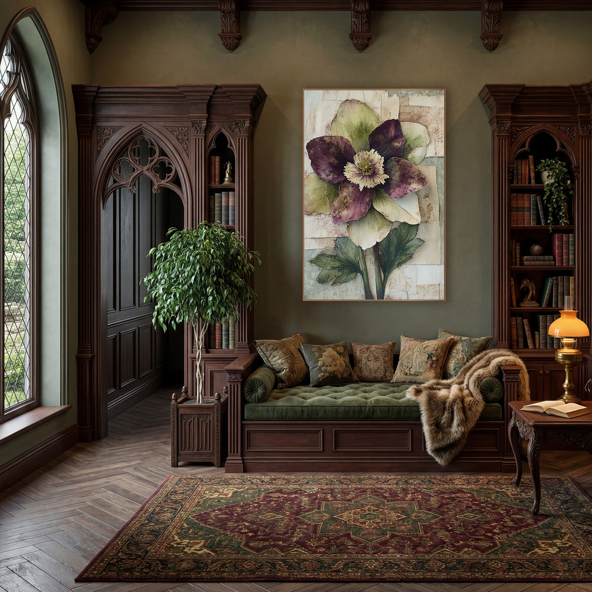 Plum Hellebore Paper Collage Botanical wall art in a moody dark academia room – hellebore flower with plum and olive