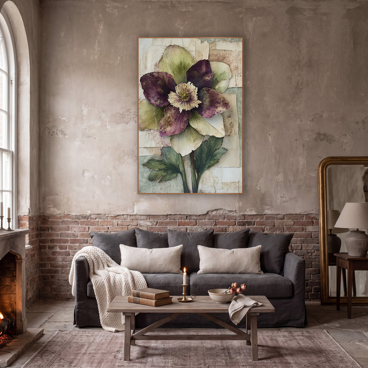 Plum Hellebore Paper Collage Botanical wall art in a moody dark academia room – hellebore flower with plum and olive