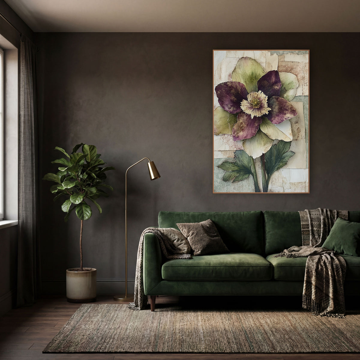 Plum Hellebore Paper Collage Botanical wall art in a moody dark academia room – hellebore flower with plum and olive