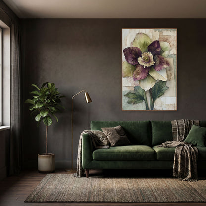 Plum Hellebore Paper Collage Botanical wall art in a moody dark academia room – hellebore flower with plum and olive