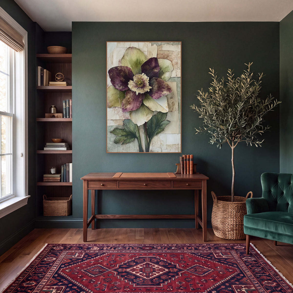 Plum Hellebore Paper Collage Botanical wall art in a moody dark academia room – hellebore flower with plum and olive