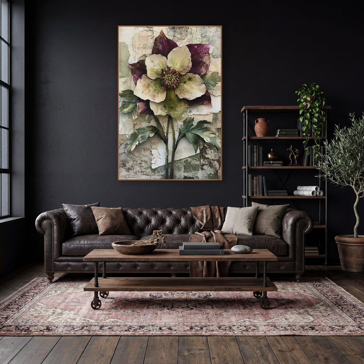 Twin Stem Hellebore Botanical wall art in a moody dark academia room – large cream and plum hellebore flower