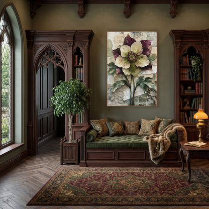 Twin Stem Hellebore Botanical wall art in a moody dark academia room – large cream and plum hellebore flower