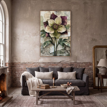 Twin Stem Hellebore Botanical wall art in a moody dark academia room – large cream and plum hellebore flower