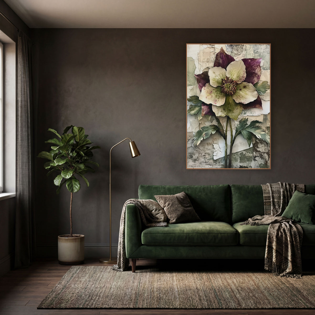 Twin Stem Hellebore Botanical wall art in a moody dark academia room – large cream and plum hellebore flower