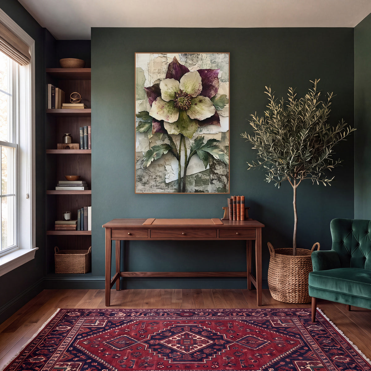 Twin Stem Hellebore Botanical wall art in a moody dark academia room – large cream and plum hellebore flower