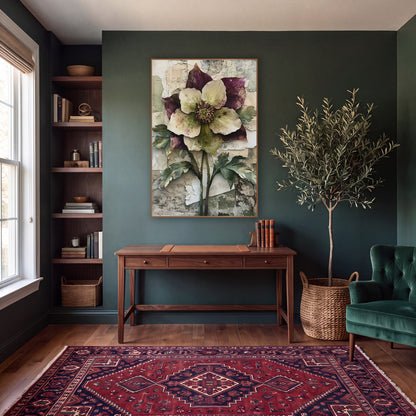 Twin Stem Hellebore Botanical wall art in a moody dark academia room – large cream and plum hellebore flower