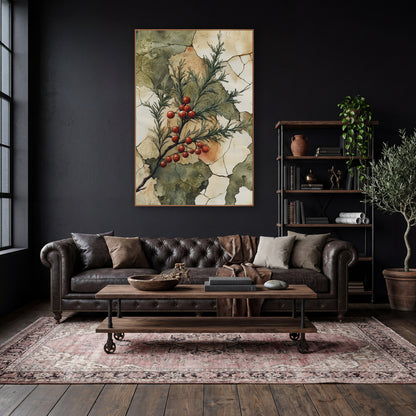 Scarlet Berry Evergreen Sprig Botanical wall art in a moody dark academia room – evergreen sprig with red berries