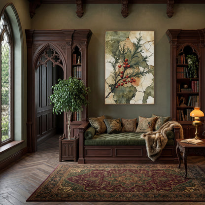 Scarlet Berry Evergreen Sprig Botanical wall art in a moody dark academia room – evergreen sprig with red berries