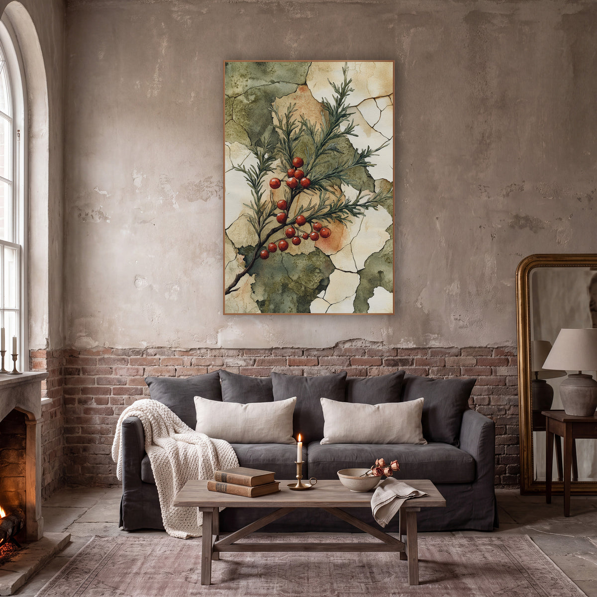 Scarlet Berry Evergreen Sprig Botanical wall art in a moody dark academia room – evergreen sprig with red berries