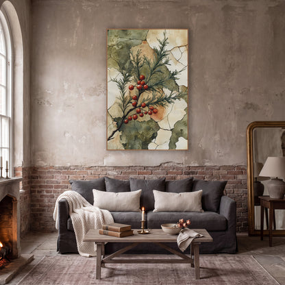 Scarlet Berry Evergreen Sprig Botanical wall art in a moody dark academia room – evergreen sprig with red berries