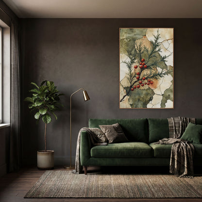 Scarlet Berry Evergreen Sprig Botanical wall art in a moody dark academia room – evergreen sprig with red berries