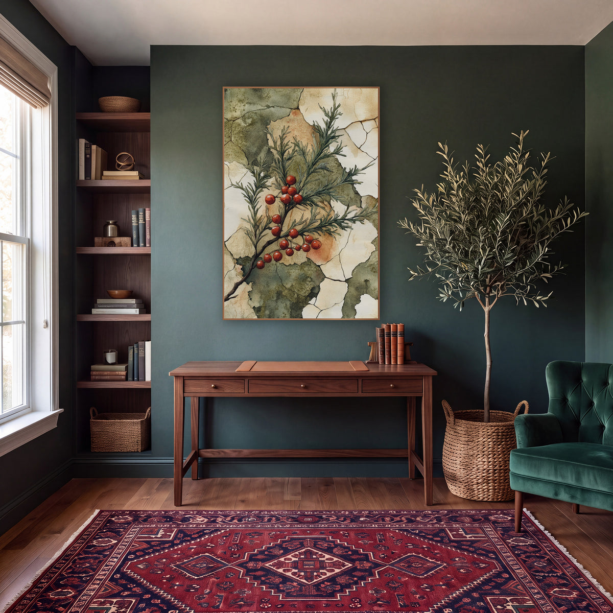 Scarlet Berry Evergreen Sprig Botanical wall art in a moody dark academia room – evergreen sprig with red berries