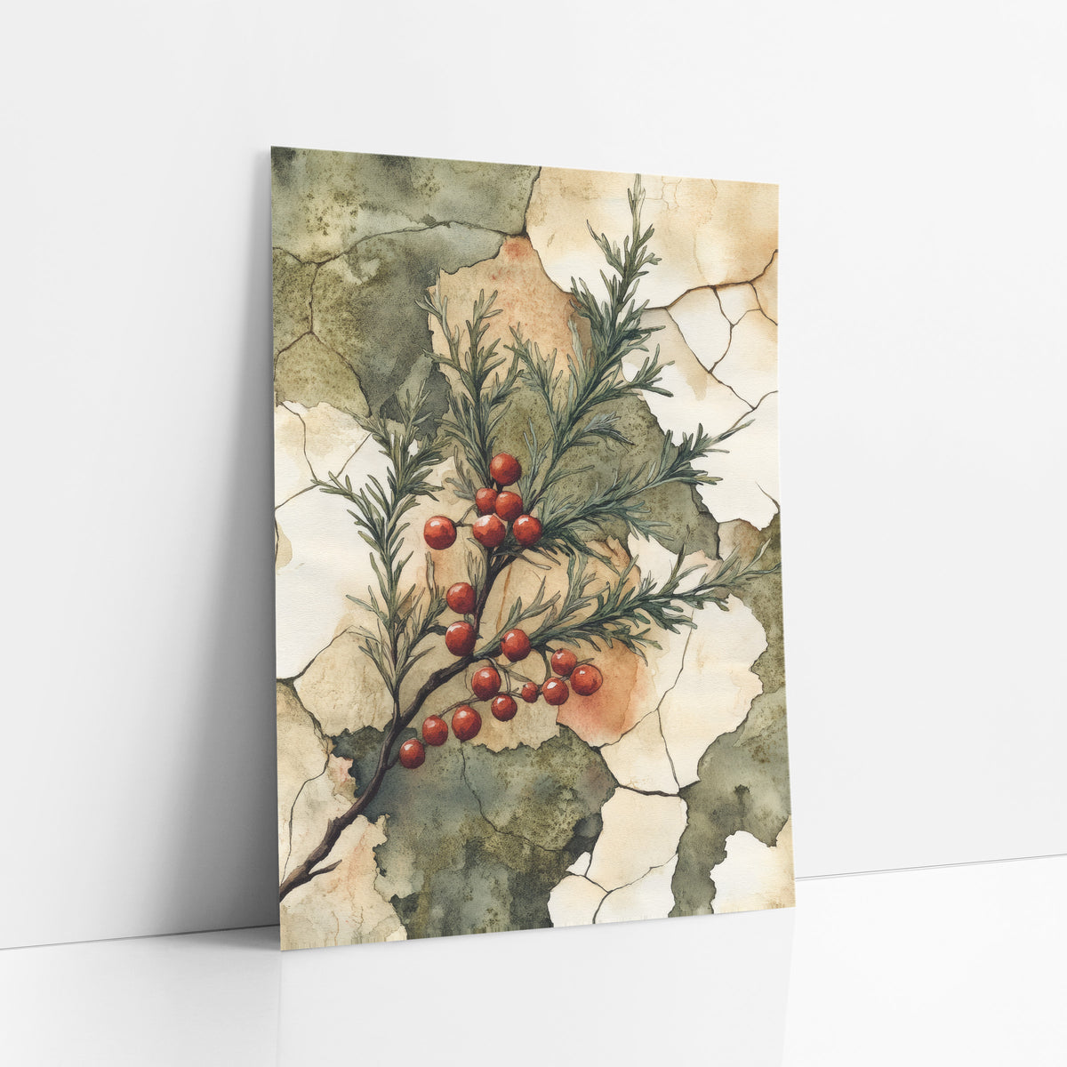 Scarlet Berry Evergreen Sprig Botanical art print leaning against a white wall – evergreen sprig with red berries
