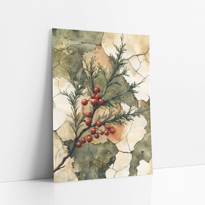 Scarlet Berry Evergreen Sprig Botanical art print leaning against a white wall – evergreen sprig with red berries