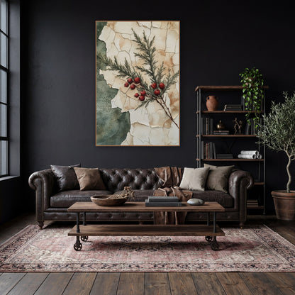 Crimson Berry Evergreen Sprig Vintage wall art in a moody dark academia room – evergreen sprig with red berries