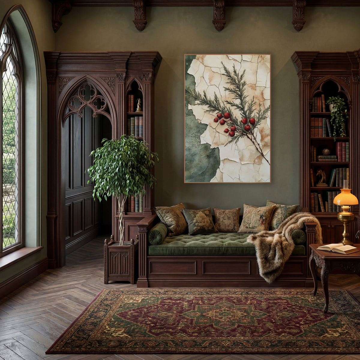 Crimson Berry Evergreen Sprig Vintage wall art in a moody dark academia room – evergreen sprig with red berries