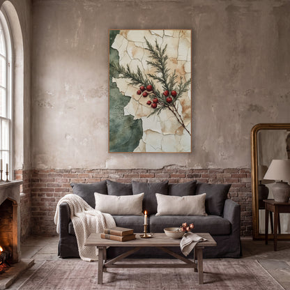 Crimson Berry Evergreen Sprig Vintage wall art in a moody dark academia room – evergreen sprig with red berries