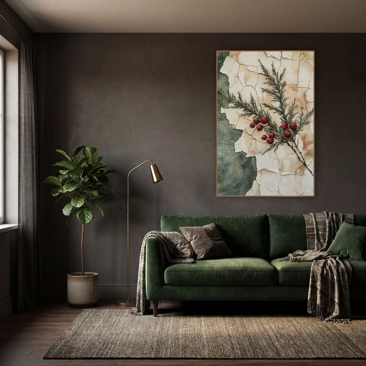 Crimson Berry Evergreen Sprig Vintage wall art in a moody dark academia room – evergreen sprig with red berries