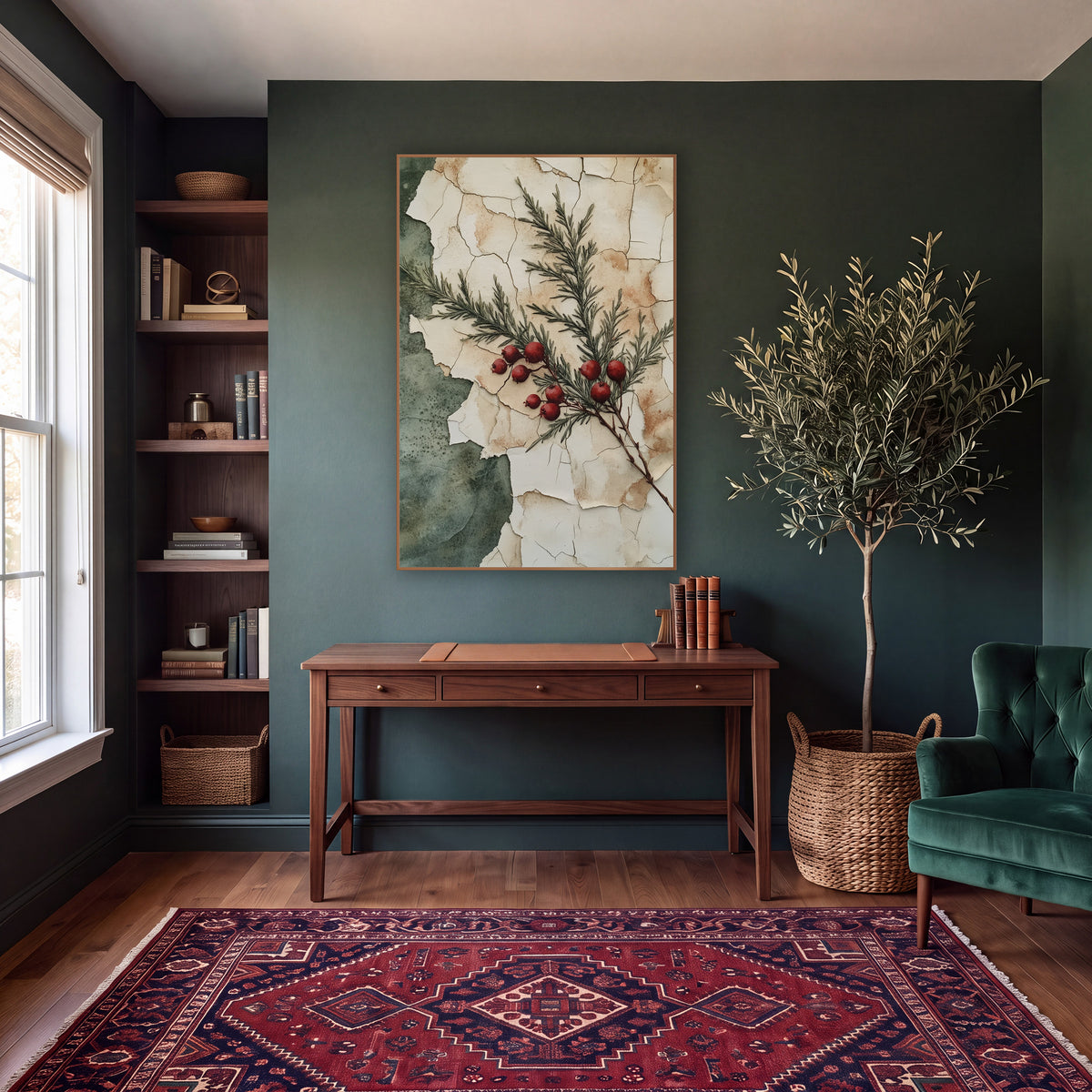 Crimson Berry Evergreen Sprig Vintage wall art in a moody dark academia room – evergreen sprig with red berries